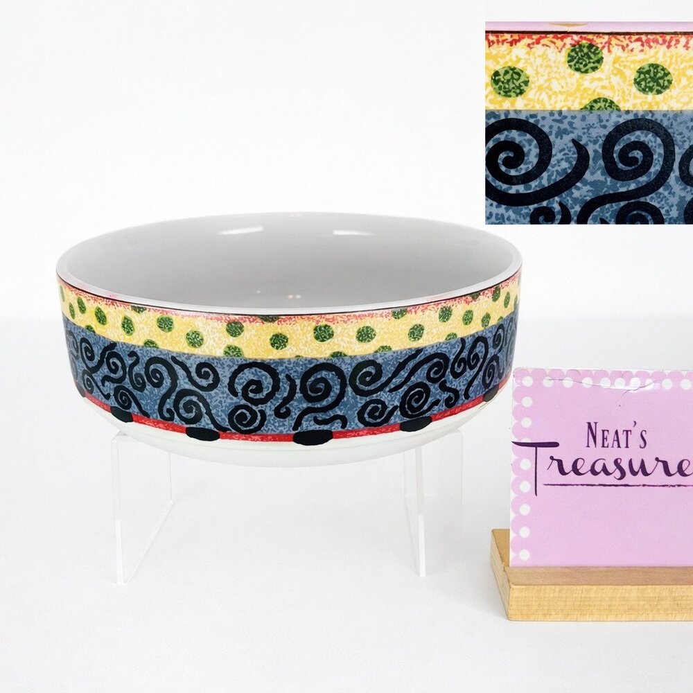 Furio CONFETTI Black Scrolls On Blue Yellow Colorful 9+" Round Vegetable Bowl